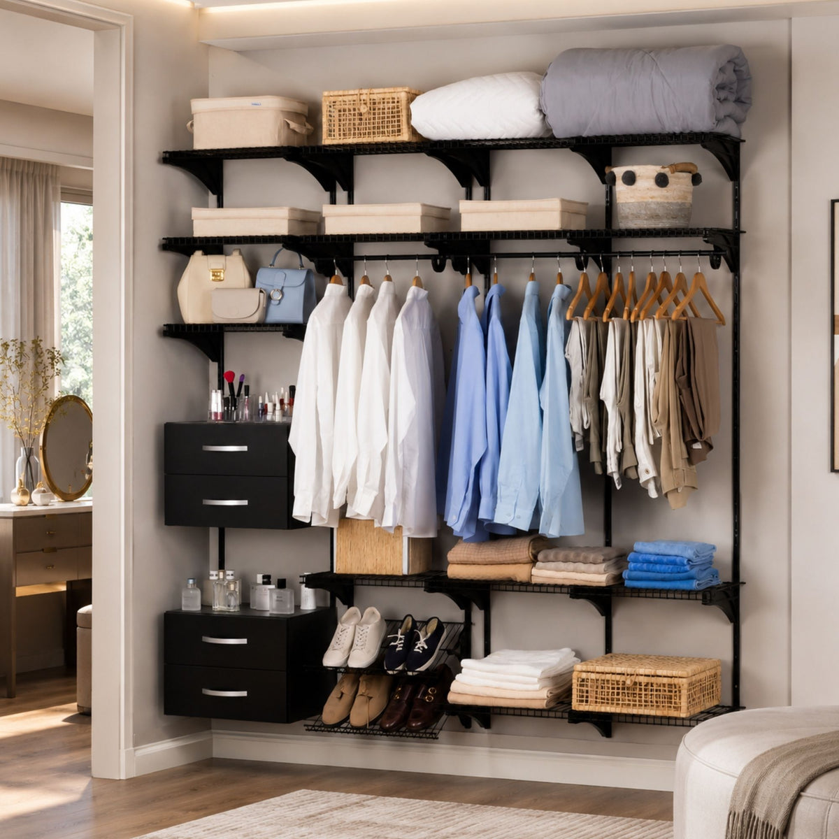Armário aramado kit 26 - Closet ou quarto com módulo de madeira