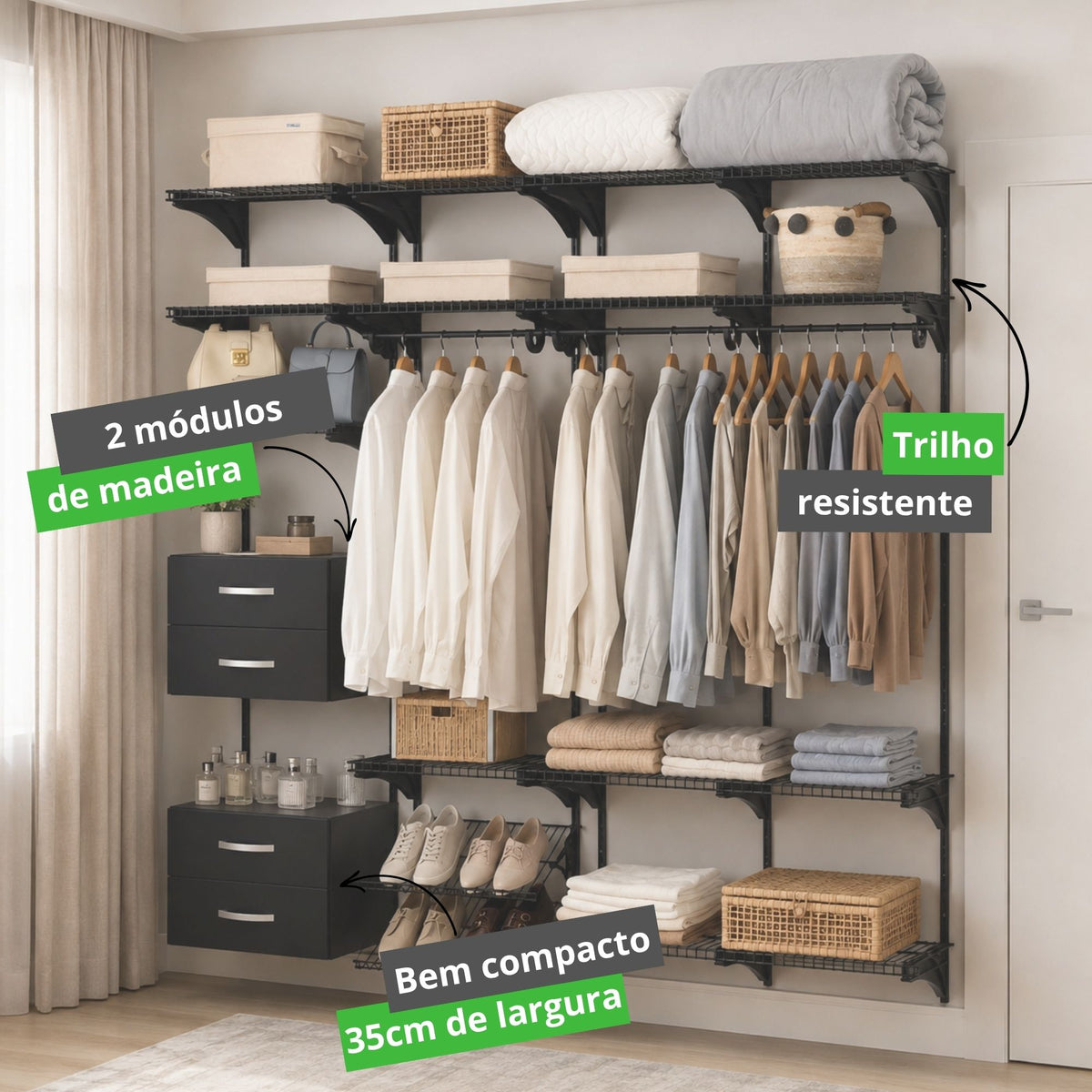 Armário aramado kit 26 - Closet ou quarto com módulo de madeira