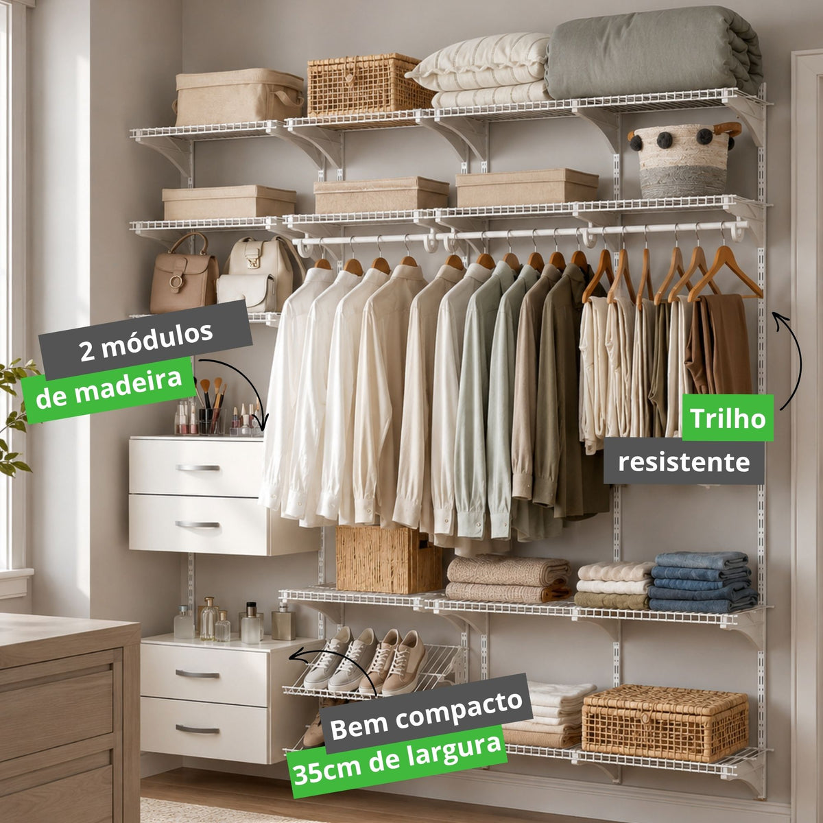 Armário aramado kit 26 - Closet ou quarto com módulo de madeira
