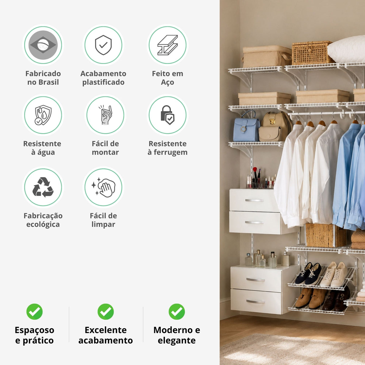 Armário aramado kit 26 - Closet ou quarto com módulo de madeira