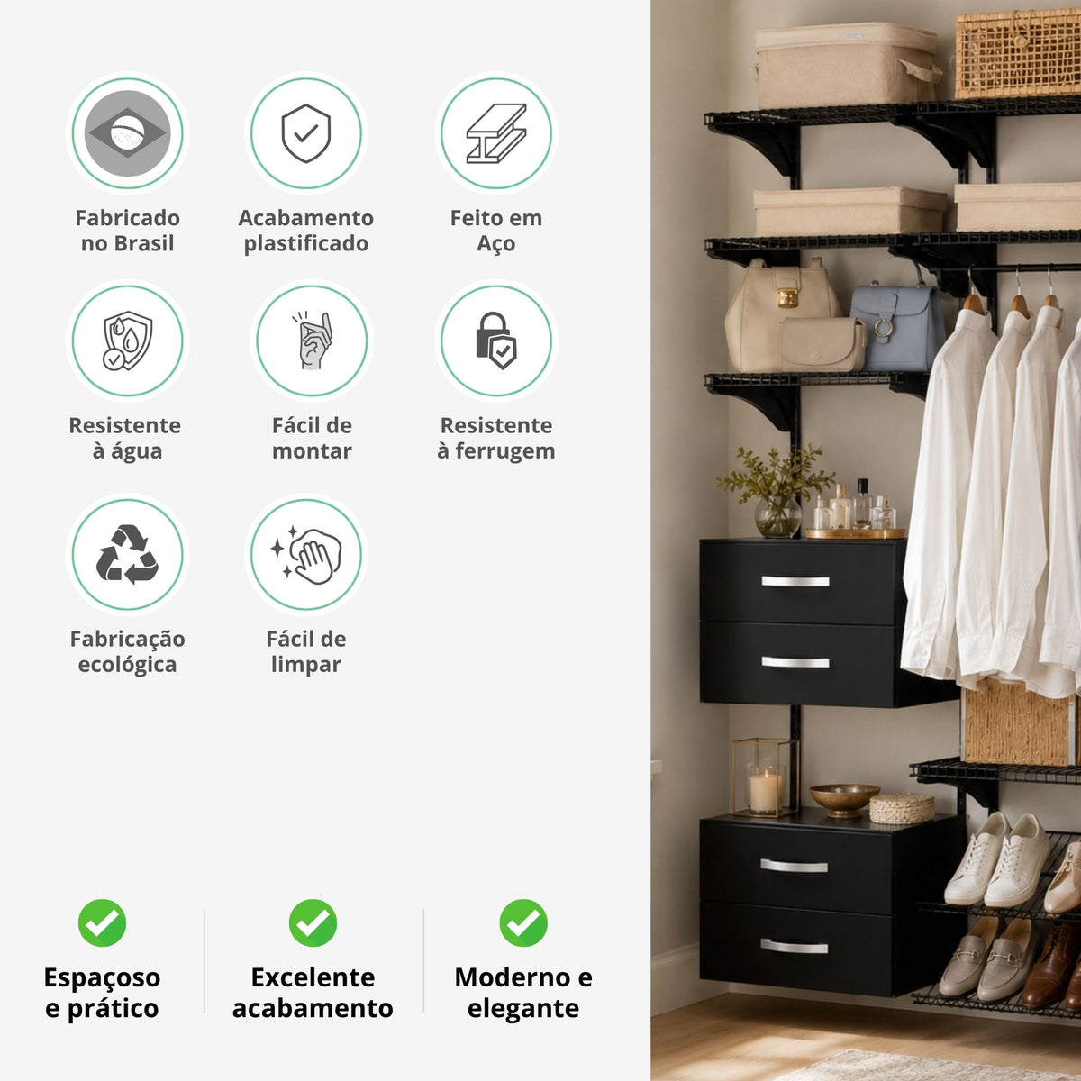 Armário aramado kit 26 - Closet ou quarto com módulo de madeira