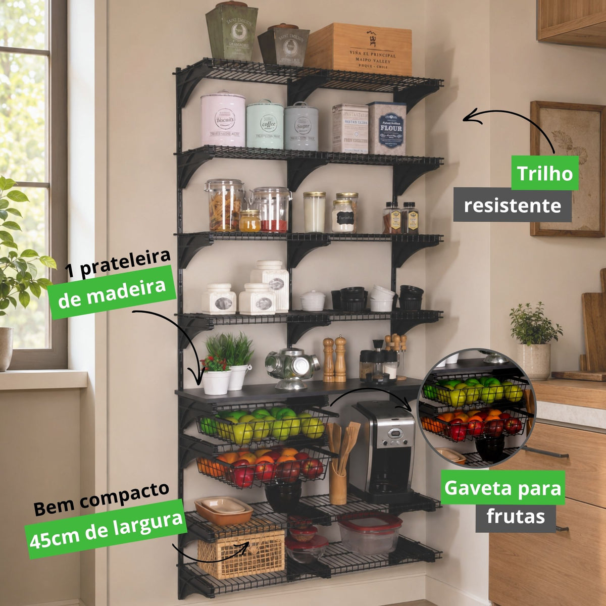Armário Aramado Metaltru Cozinha Despensa Preto Prateleira Flutuante Aço