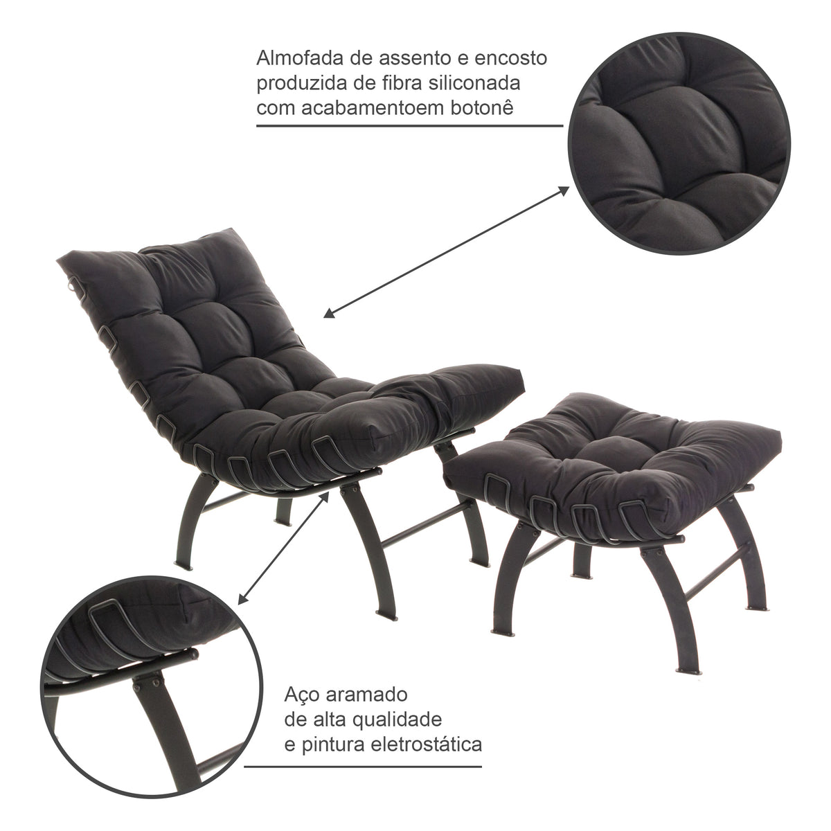 Poltrona Com Puff Decorativo Aramado Comfort