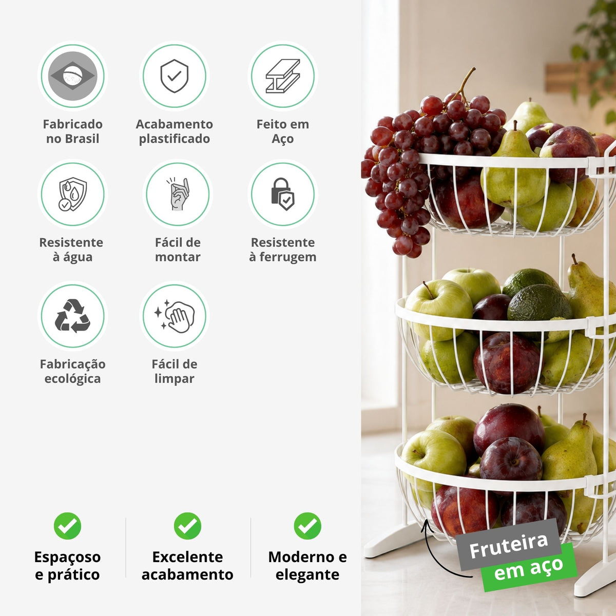 Fruteira Redonda Aramada Tripla de Mesa