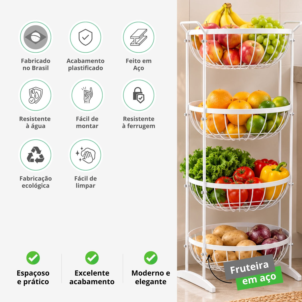 Fruteira Redonda Aramada Quádrupla de Chão