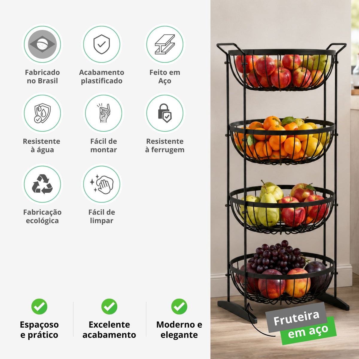 Fruteira Redonda Aramada Quádrupla de Chão