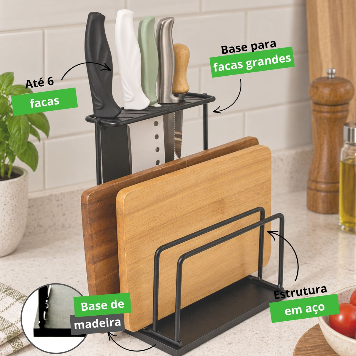 Suporte Organizador de Tábuas e Facas para Bancada Cozinha