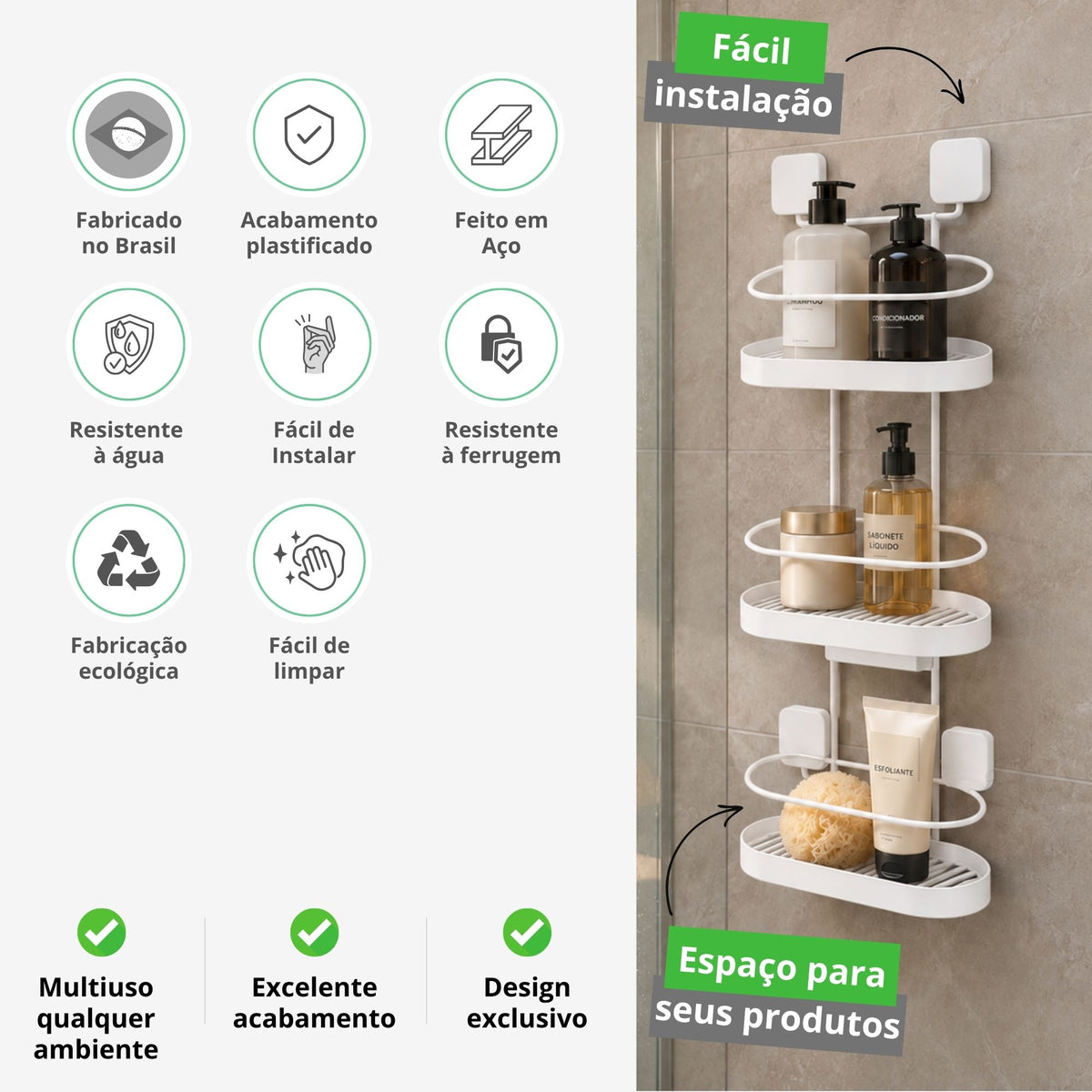 Organizador de Banheiro Triplo de Parede Fita 3M