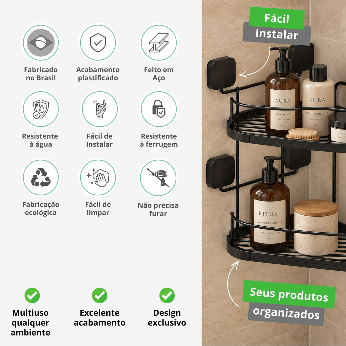 Cantoneira Dupla Organizadora de Banheiro Fita 3M